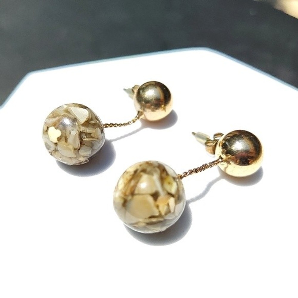 Gold Plated Double Ball Bead Dangle Drop Earrings